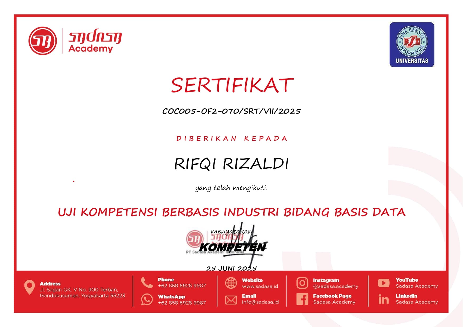 Sertifikat Basis Data